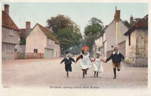 Children Coming Home From School Hop Skip & Jump Running Antique Postcard