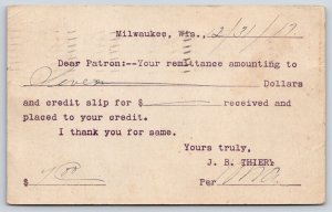 Milwaukee Wisconsin~JB Thiery Piano & Organ Man~1918 Postal Receipt~Postcard 