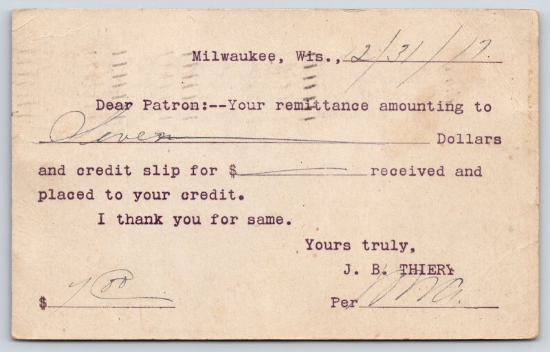 Milwaukee Wisconsin~JB Thiery Piano & Organ Man~1918 Postal Receipt~Postcard 