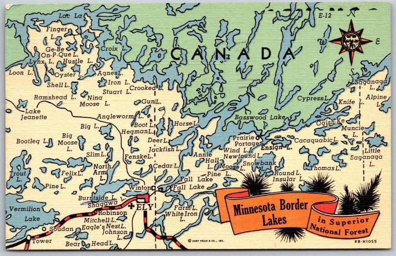 Vtg Minnesota MN Border Lakes Map Superior National Forest 1940s Linen Postcard