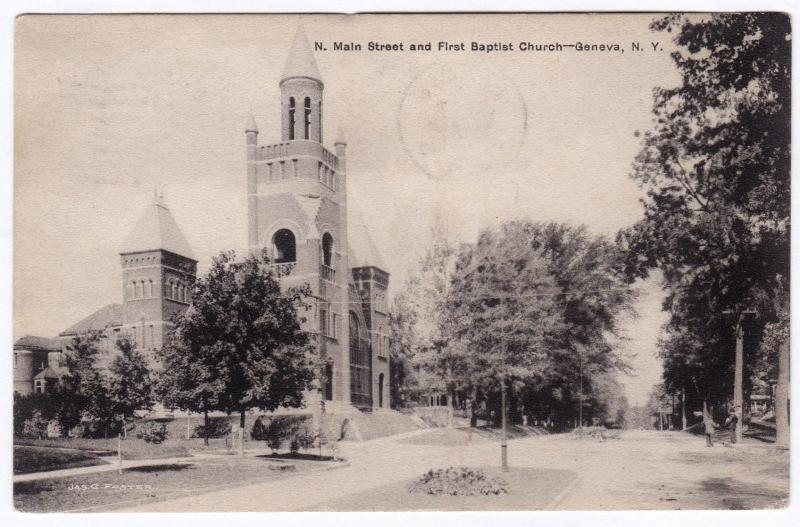 1910 Geneva New York North N. Main Street First Baptist Church NY N.Y. Postcard