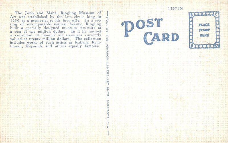Vintage Postcard John & Mabel Ringling Museum of Art Building Sarasota Florida 