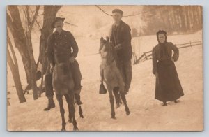 RPPC  Family Photo  Men on Horses  Snow on Ground on Farm    Postcard