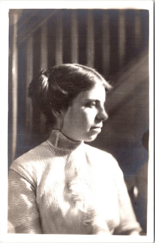 RPPC Thoughtful Young Woman Hair Buns High Collar Real Photo Postcard