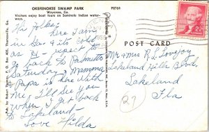 Okefenokee Swamp Park Waycross GA Georgia Postcard PM Vienna Cancel WOB Note VTG 