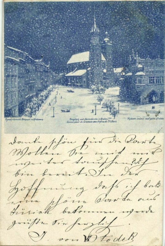 poland, KRAKOW CRACOW, Square, St. Mary's Basilica, Snow Scene (1899) Postcard