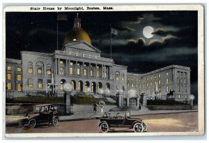 1923 State House By Moonlight Building Classic Car Tower Flag Boston MA Postcard