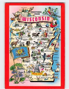 Postcard Wisconsin Map & Attractions Greetings from Wisconsin USA