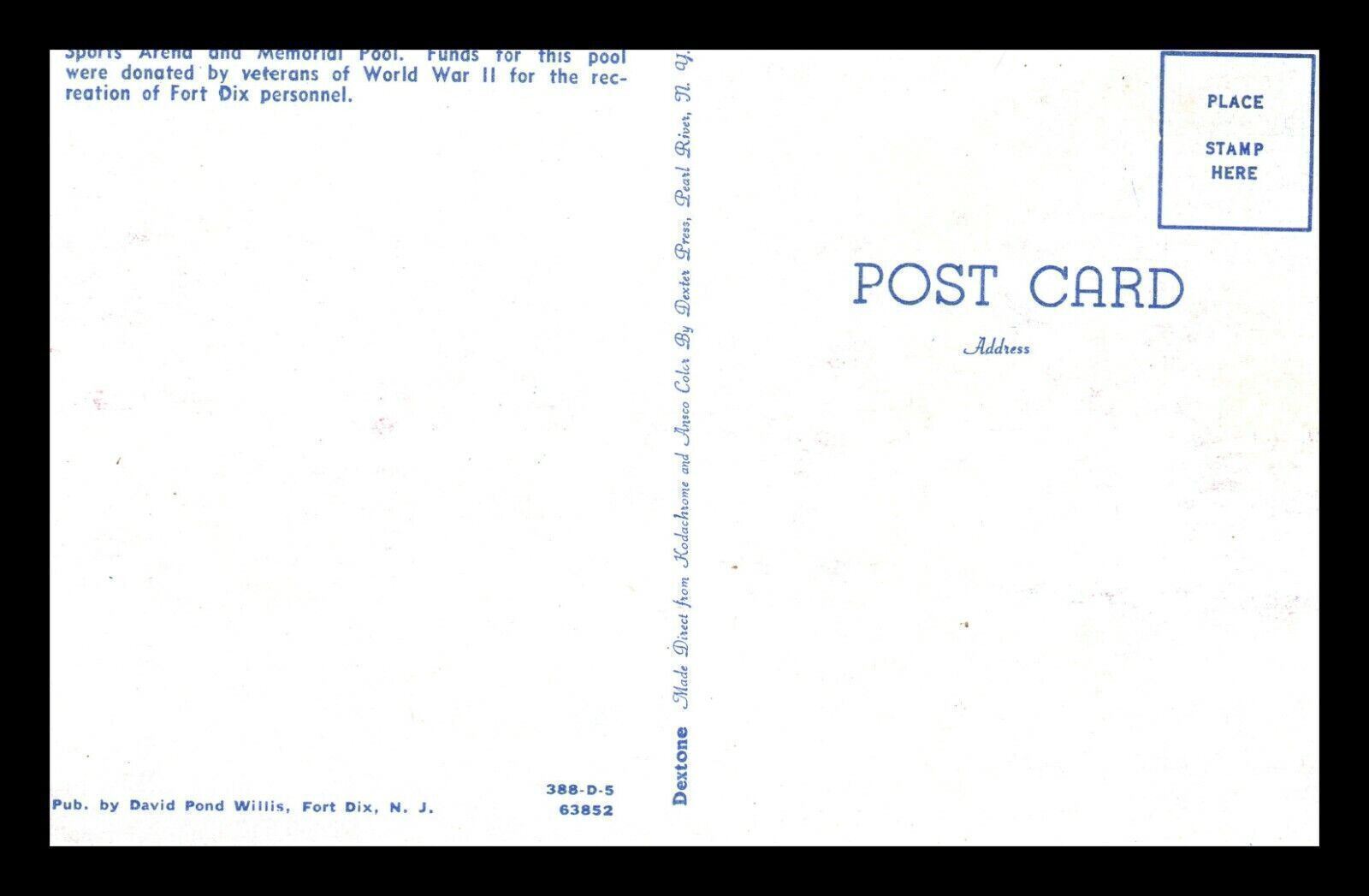 1950s Military Fort Dix New Jersey Sports Arena Memorial Pool Postcard