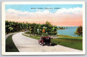 Pensacola Florida~Scenic Hwy Road~Automobile~Fence~Sunset~Linen 1937 Postcard