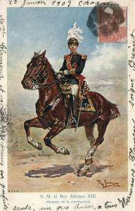 SPAINISH KING ALFONSO XIII of SPAIN ON HORSE ANTIQUE POSTCARD w/ STAMP