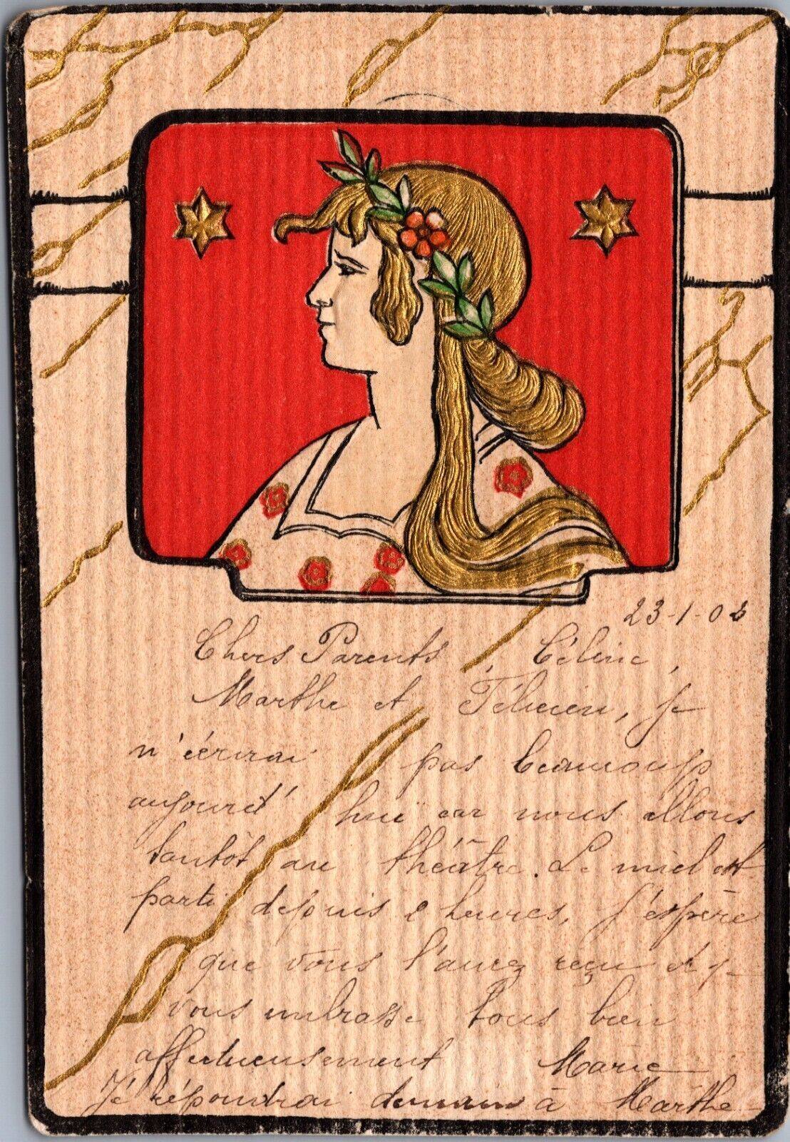 GREAT Antique Old ART NOUVEAU EMBOSSED POSTCARD / ADELAIDE LADY w