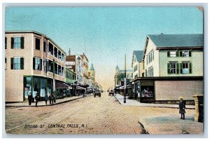 Central Falls Rhode Island RI Postcard Broad Street Business Section Scene 1912