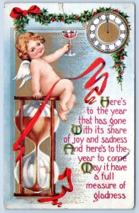 1913 NEW YEAR ANGEL on HOURGLASS CHAMPAGNE MIDNIGHT CLOCK POSTCARD*TOP DAMAGE*