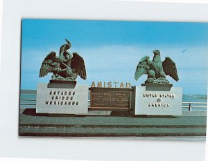 Postcard Amistad Dam Monument Mexican and American Eagles on Dam Mark