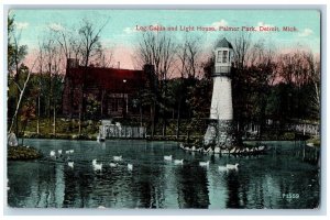 c1910 Log Cabin Light House Palmer Park Pond Lake Detroit Michigan Mich Postcard