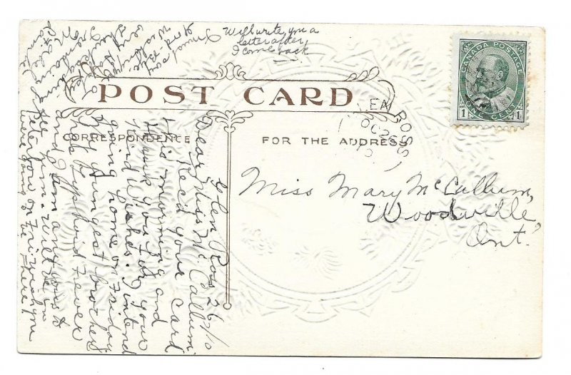 Glen Ross to Woodville, Ontario, Canada 1910 Embossed Thanksgiving Postcard