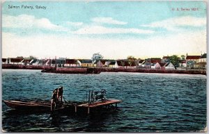 Salmon Fishery Galway Ireland Fishing Scene Boat House Posted Postcard