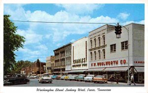 Washington Street Cars Woolworth Store Paris Tennessee 1950s postcard