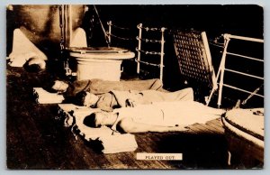 US Navy  Sailors  Sleeping on Deck  Played Out   Postcard  c1918