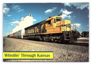 Whistlin' Through Kansas Santa Fe Railroad Train Grain Elevator Postcard