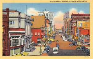 Riverside Avenue SPOKANE, WA Street Scene c1940s Linen Vintage Postcard