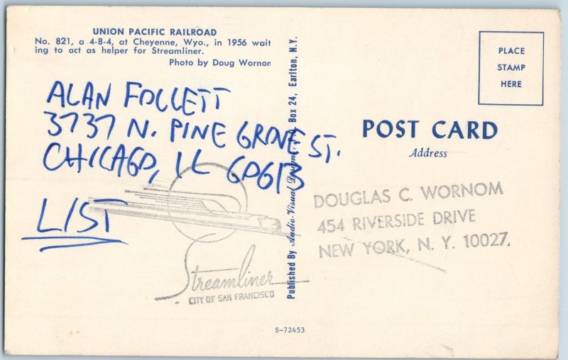 1956 Cheyenne WY Union Pacific 821 Train Locomotive Streamliner Doug Wornon A195