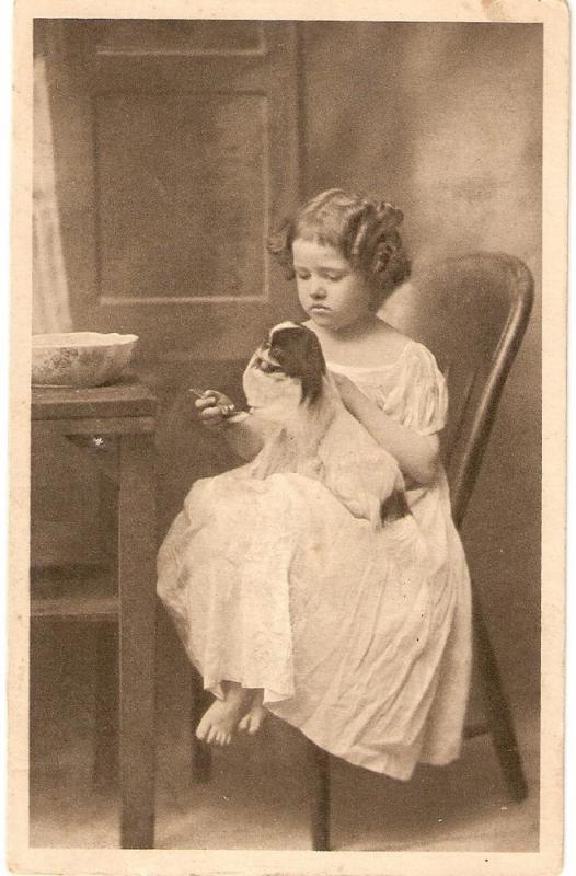 \Litle girl with her dog\ Anitique French Postcard