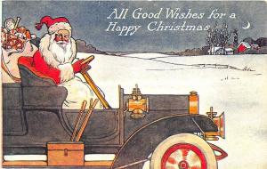 Christmas Santa Claus Automobile All Good Wishes Bag of Toys Embossed Postcard