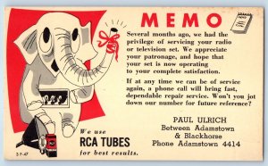 Memo Service Patronage Elephant RCA Tubes Paul Ulrich Advertising Postal Card