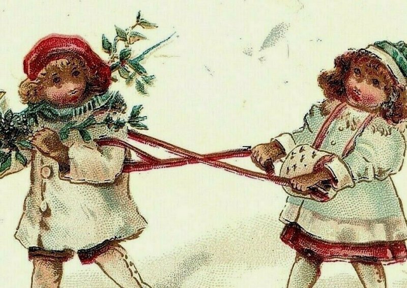 1880's-90's Victorian Religious Card Two Adorable Girls Winter Coats P158