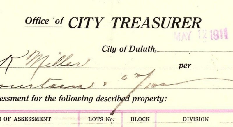 1911 DULUTH MINNESOTA OFFICE OF CITY TREASURER BILLHEAD RECEIPT Z5475