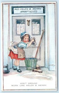 Don't Grouse WORK LIKE HELEN B. MERRY Little Girl Maid ~ Wordplay Postcard