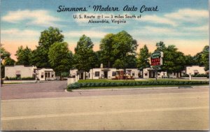 Linen Postcard Simmons' Modern Auto Court US Route 1 in Alexandria, Virginia