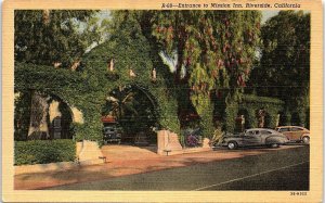 1930s RIVERSIDE CALIFORNIA MISSION INN ENTRANCE AUTOMOBILE LINEN POSTCARD 42-170