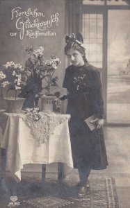 RP: HERZLICHEN GLUCKWUNSCH zur Konfirmation, Girl by Potted Flowers, 1900-10s