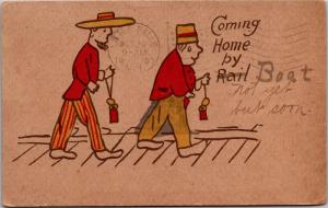 Coming Home by Rail Two Men Traveling c1907 Vintage Postcard L11