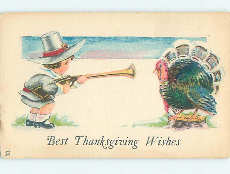 Pre-Linen thanksgiving PILGRIM BOY WITH RIFLE GUN SHOOTING TURKEY HQ7409-12