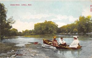 Lowell Michigan~Grand River Scene~Group of People in Boat~1910 Postcard