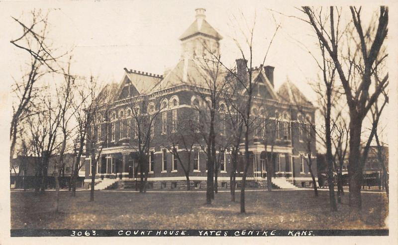 Yates Centre Kansas~Woodson County Court House~Bare Trees~1908 RPPC Postcard