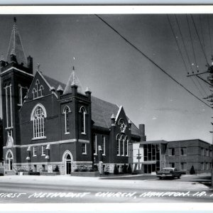 c1950s Hampton, IA RPPC First Methodist Church Plymouth Belvedere Car Photo A107