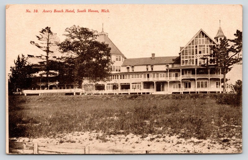 South Haven Michigan~Avery Beach Hotel~Sand Up in Lawn~Sign Below Porch~c1910 