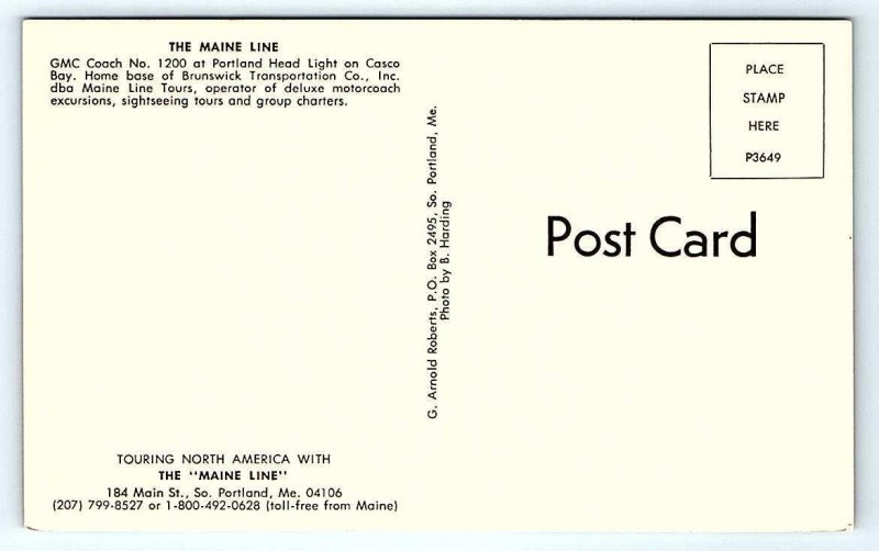 CASCO BAY, ME Maine ~ TOUR BUS at PORTLAND HEAD LIGHT c1970s  Postcard