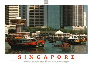 Postcard Singapore Traditional Chinese Junks Front of Ultra-Modern Skyline