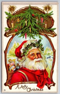 Christmas~Santa Portrait~Holly On Hat~Tree~Candles~Gold~Emb~Stecher 230A~1913