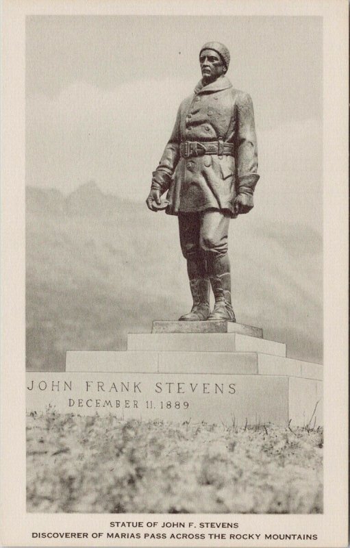 Statue of John F. Stevens Marias Pass MT Great Northern Railway Postcard G33