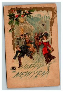 Vintage 1909 New Years Postcard Mistletoe Holly Berries Well Dressed People NICE