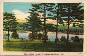 Postcard NY Sussex County Greetings from Swartswood Lake LINEN 1940s V210