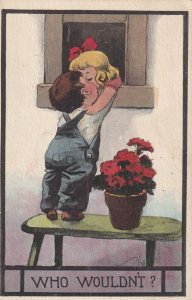 AS: Who Wouldn't Boy reaching up to kiss girl out of window, 1900-10s