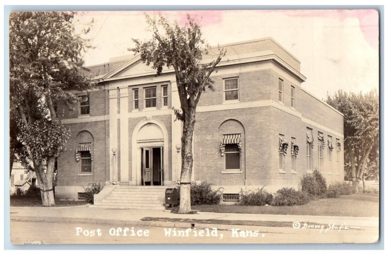 Winfield Kansas KS Postcard Post Office Building 1920 Posted Antique RPPC Photo